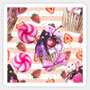 Strawberries and  Cupcakes Pink STripes Sticker